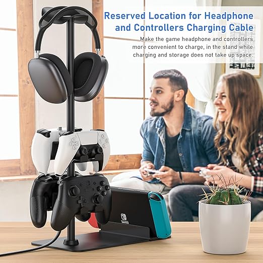 MANMUVIMO Headset Stand Controller Holder for 1 Headset and 4 Controller, Headphone Game Controller Stand for Desk, Gamer Gifts, Organizer Rack for iPad/Mobile Phone, Gaming Room Accessories