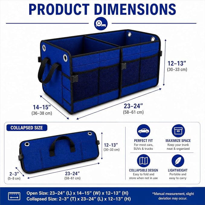 Car Trunk Organizer – Foldable Storage with 3 Compartments, Heavy Duty, Collapsible Cargo Organizer for SUV, Truck & Car (Blue)