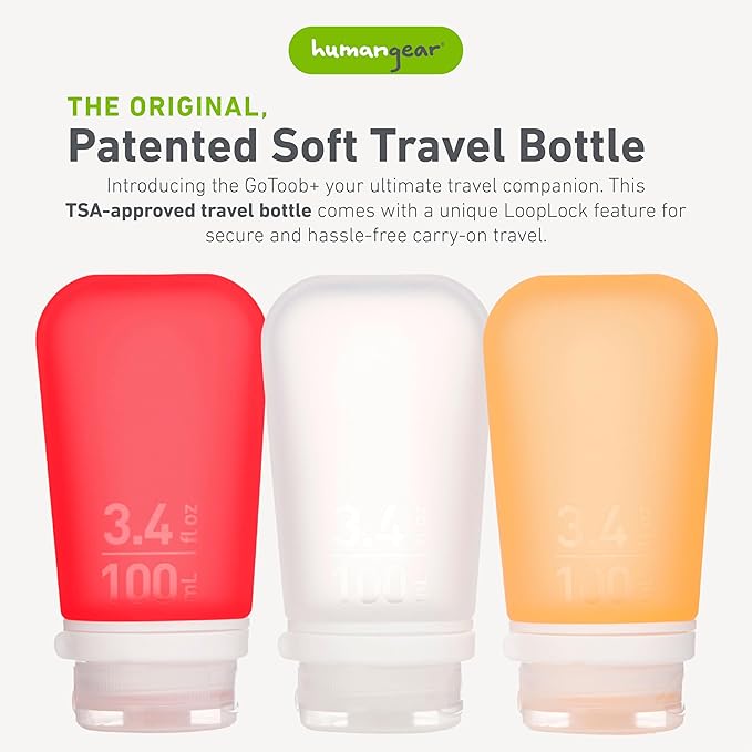 humangear GoToob+ Bottles - Silicone Leak-Proof Travel Tubes for Toiletries, Camping & TSA Carry-On (3-Pack), Large (3.4 fl oz; 100ml), Clear/Red/Orange