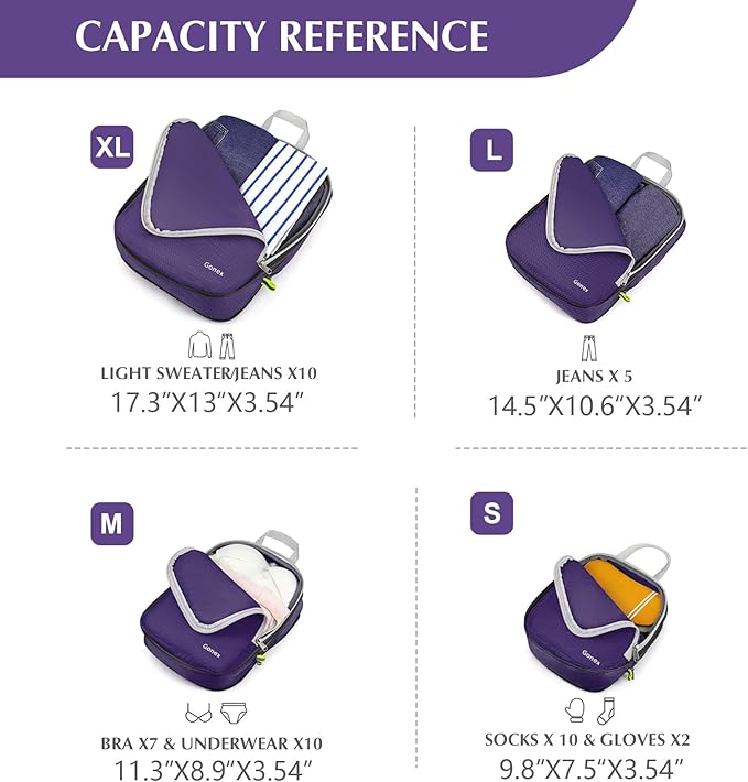 Gonex Compression Packing Cubes, 4pcs Expandable Storage Travel Luggage Bags Organizers (Purple)