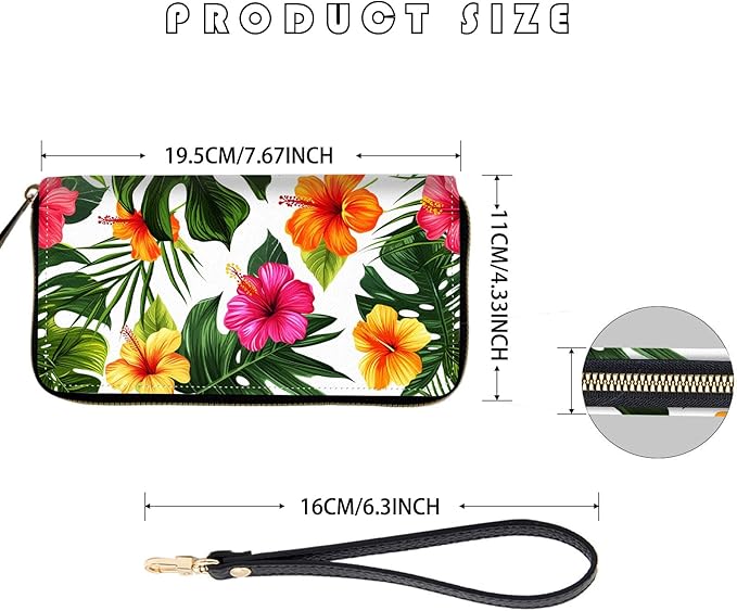 Women's RFID Blocking Zip Around Wallet with Detachable Wrist Strap, Large Capacity Credit Card Holder Organizer for Everyday Use,Tropical Hibiscus Pattern