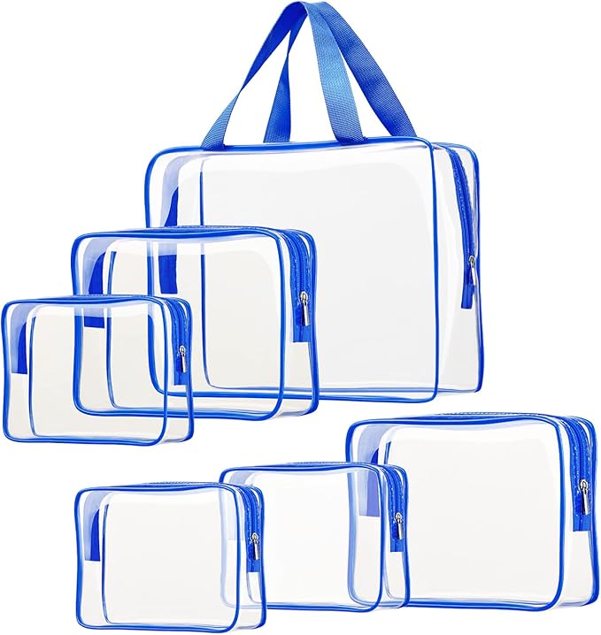 6pcs Clear Cosmetic Bags, TSA Approved Travel Toiletry Bag Set Transparent PVC Zipper Closure Cosmetic Bag Travel Essentials Makeup Bags Organization Blue