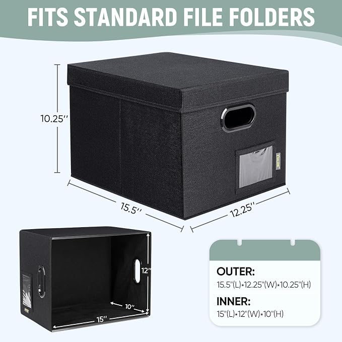 BALEINE File Organizer Box with Lid, Collapsible File Folder Organizer with Plastic Slide, Filing Box for Office Home Document Organizer Storage (Black, 4PK)