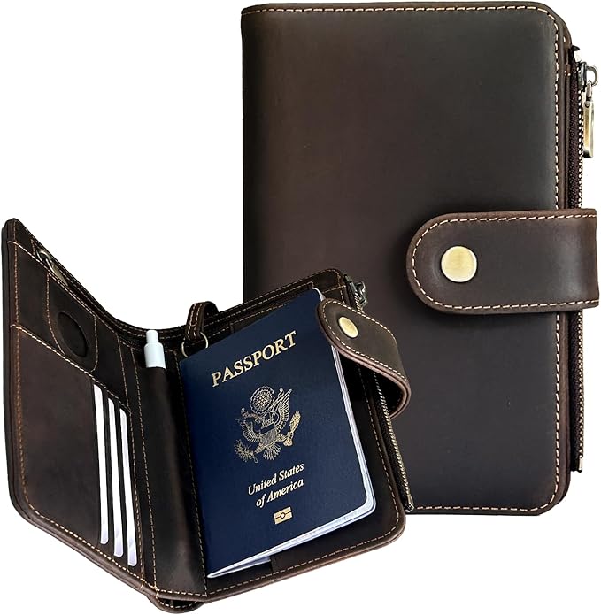 Genuine Crazy Horse Leather Passport Wallet, RFID Blocking Passport Holder with Tracker Slot, All in One Travel Wallet for Women/Men, Secure Passport Cover Case for Airport Essentials (Dark Brown)