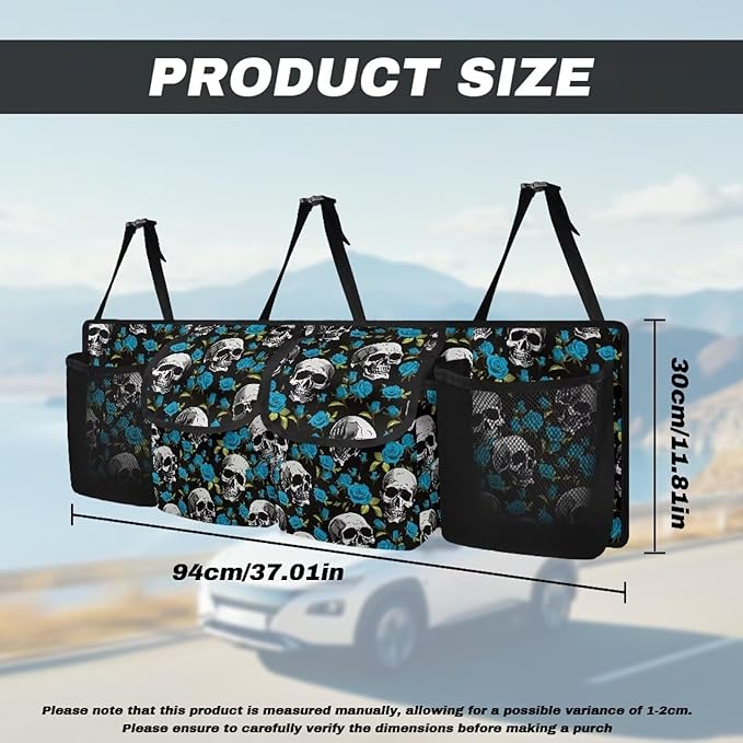 Skull Flower Car Trunk Organizer, 4 Compartment, Waterproof, Hanging, SUV, Sedan, Van, Truck, Bold and Floral