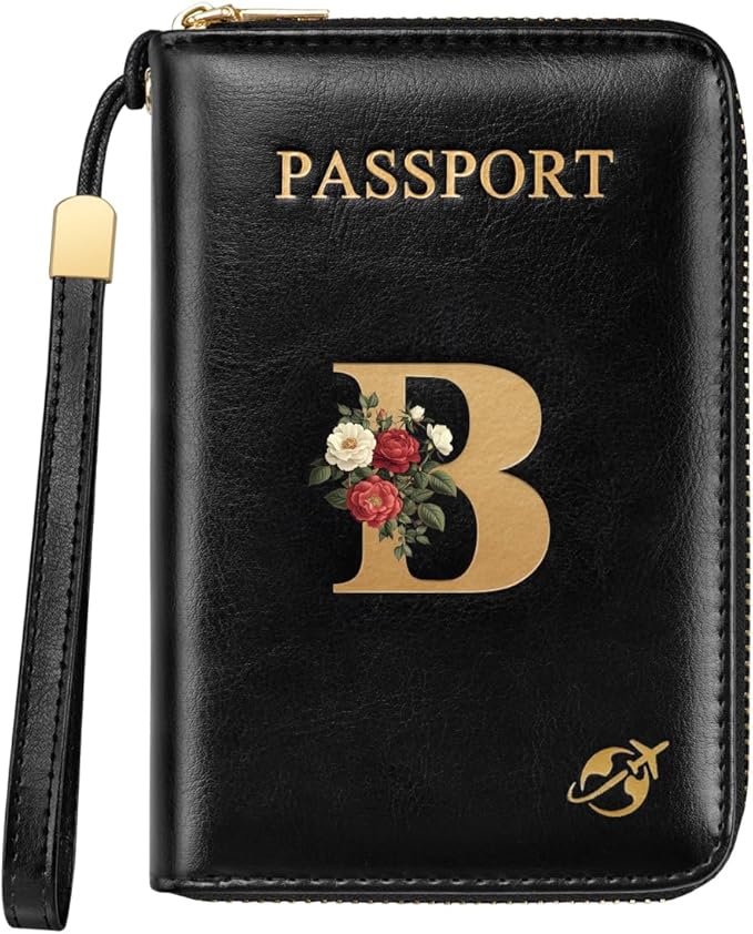 Passport Holder Cover Wallet with Zipper Personalized Initial Letter B Rose Flower RFID Blocking Travel Wallets Credit Cards Holder for Women, Gift for Wife and Girlfriend,B