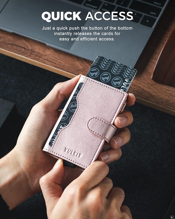 VULKIT Slim Bifold Pop up Wallet Minimalist Leather Card Holder RFID Blocking Metal Card Case with ID Window for Women | with Leather Slots, RFID Blocking, Slim, Metal Card Case