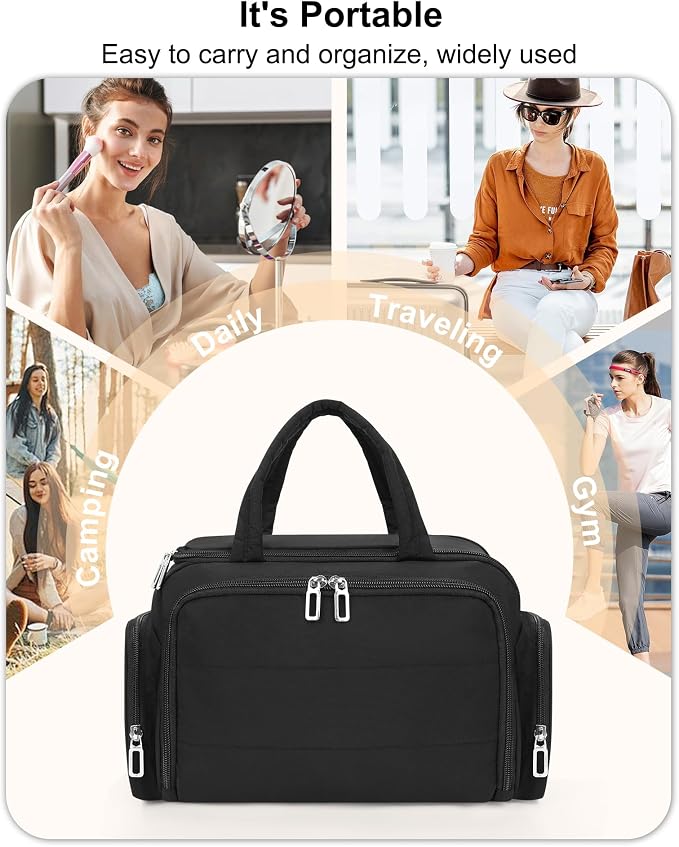 Travel Makeup Bag, Lightweight Wide-open Toiletry Bag for Women, Portable Cosmetic Bag Organizer with Handle for Accessories, Brushes Set, Travel-Sized Container for Trip, Camping - Black