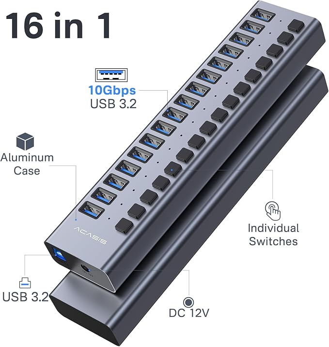 Powered USB 3.2 Hub, ACASIS 16 Ports USB 3.2 Hub with 10Gbps Data Speed，Aluminum Housing, USB Hub Powered with 96W Power Adapter, USB Hub for PC/Laptop, Computer, Flash Drive, Printer, Camera
