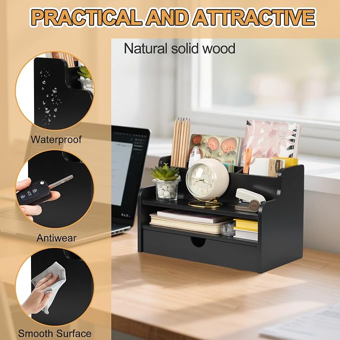 Mail Organizer Countertop, 4 Slots Desk Organizer with Drawer and Shelf, Wooden Mail Sorter for Desk, Desktop File Holders for Storage Pens, Envelopes and Bills