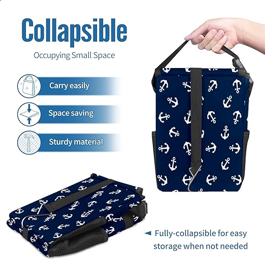 Car Trash Can Nautical Anchor Navy Blue Auto Garbage Bag Car Trash Can with Lid Leak-Proof Car Storage Bag Auto Garbage Bag Hanging for Headrest Collapsible and Portable with Storage Mesh Pocket
