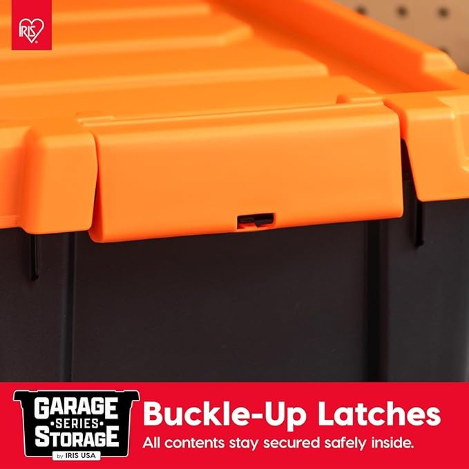 IRIS USA 12 Gallon Lockable Storage Bins with Lids, 2 Pack - Made in USA, Heavy Duty, Stackable Containers, Garage Organizing Bins Moving Tubs, Rugged Sturdy Equipment Utility Box - Black/Orange