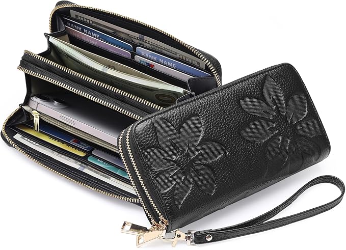 GOIACII Women's Wallet Large Capacity Double Zip Ladies Card Phone Holder RFID Blocking Wristlet Leather