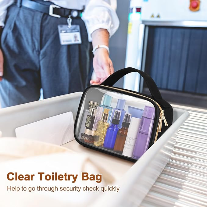 Wedama Clear Toiletry Bag, 2 Pack Clear Makeup Bags with Handles, Large Travel Bags PVC Cosmetic Bag for Women and Men, Carry on Airport Airline Compliant Bag, Black