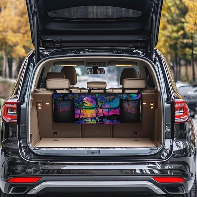 Sunset Car Trunk Organizers,Coconut Tree Colorful Design Backseat Hanging Organizer with 4 Large Storage Bag,Bag with Lids,Road Trip Adjustable Strap Machine Washable
