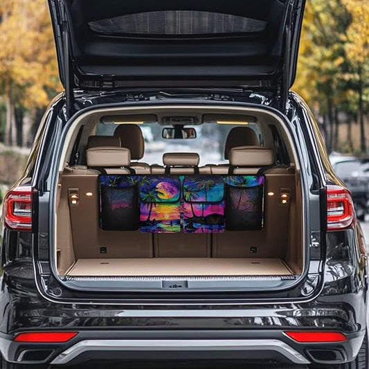 Sunset Car Trunk Organizers,Coconut Tree Colorful Design Backseat Hanging Organizer with 4 Large Storage Bag,Bag with Lids,Road Trip Adjustable Strap Machine Washable