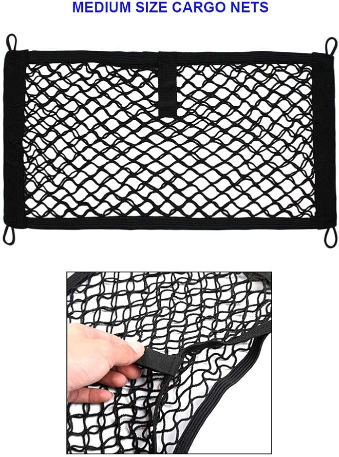 [2 Pack] JAVOedge Medium Cargo Net for Car, SUV, Truck, RV, Boat – Elastic Storage Mesh Organizer with Built‑in Hooks, 8 Screws & 8 Carabiners – Heavy‑Duty Trunk Cargo Net & Vehicle Storage Bag