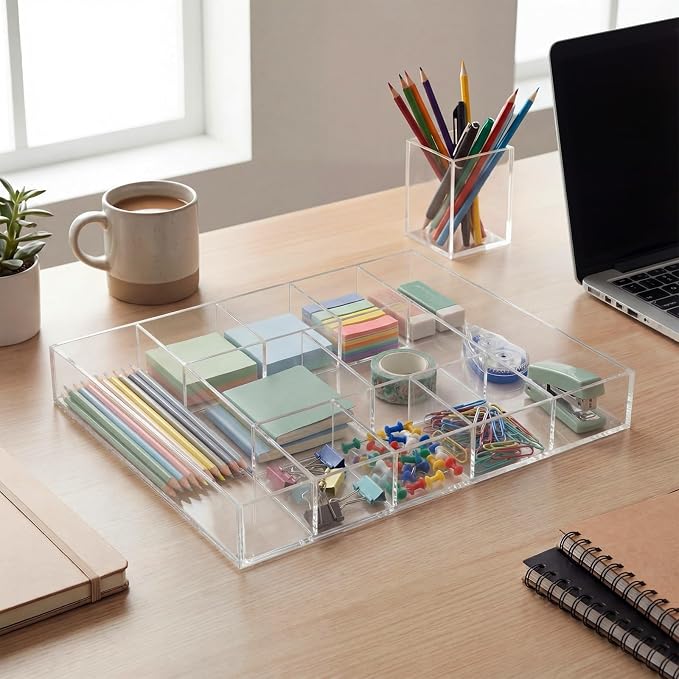 Large Acrylic Desk Deep Drawer Organizer with Adjustable Dividers, Anti-skip Clear Desk Top Junk Drawer Storage Tray for Pens, Desktop, Office, Bathroom, Kitchen, Makeup Supplies(10 Compartments)