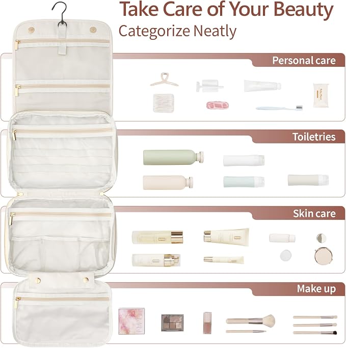 PACKISM Hanging Travel Toiletry Bag for Women - Fabric Travel Makeup Organizer with Detachable Makeup Bag and 4 Smart Large Compartments, for Full-Sized Toiletries, Off White (M)