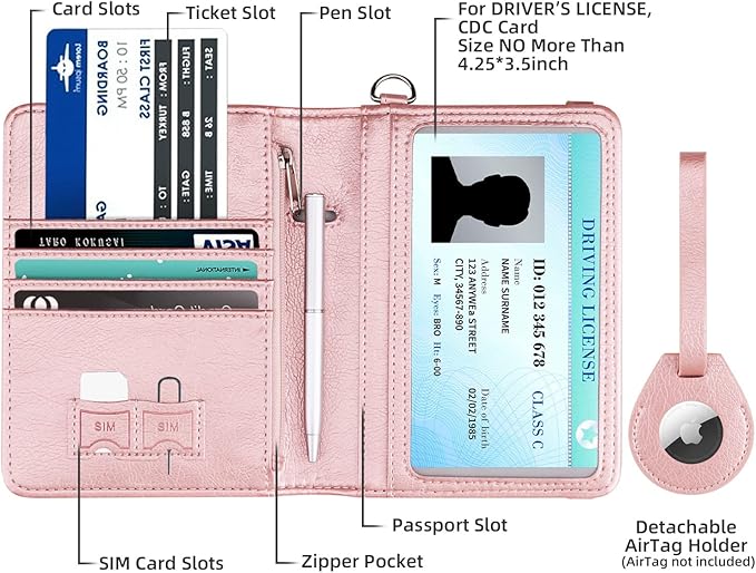 WALNEW AirTag Passport Holder, PU Leather Airtag Wallet RFID Blocking Passport Cover Travel Essentials Case for Women Men (Rosegold)