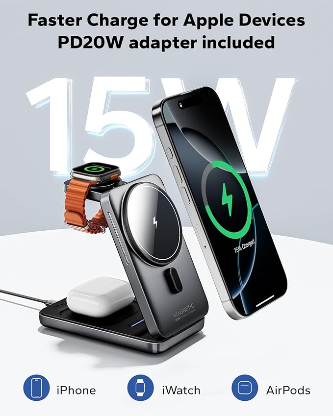 KPON Foldable 3in1 Charging Station for Magsafe, Travel Phone and Watch Charger for Apple, Wireless Charging Dock for Multiple Devices iPhone 17 16 15 14 13 12 Series/Apple Watch/Airpods