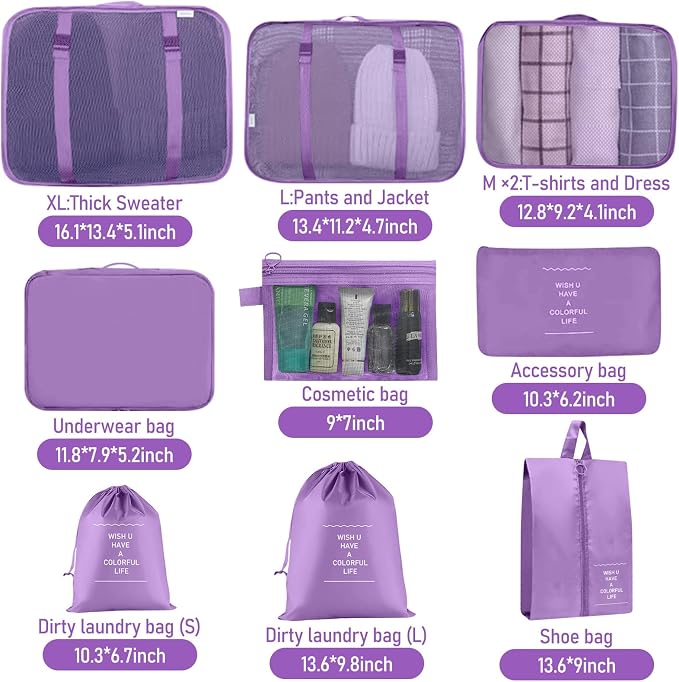Packing Cubes for Travel- 8 Set Luggage Organizer Bags for Family, Mesh Breathable Travel Packing Cubes for Suitcases Durable Travel Essentials Bags Set (Purple, 10 Set)