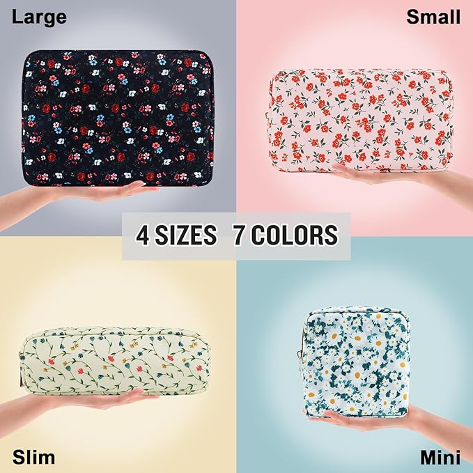 Nylon Small Floral Makeup Bag Slim Pouch, Preppy Cute Travel Makeup Brush Case Cosmetic Zipper Pouch for Purse, Waterproof Toiletry Bag Makeup Organizer Travel Essentials for Women(Navy Blue-Flower)