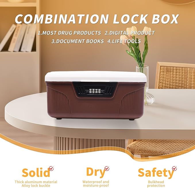 RUIAN 2.3 Gallon Portable Combination Lock Box-Plastic Lockable Storage Container with Code Safe, Versatile Organizer for Home Office Travel Business (White&Brown)