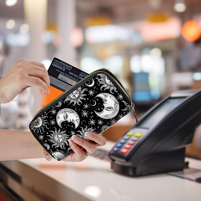 Wallet,Leather Long Wallet Suitable For Ladies And Teenagers - Detachable Wristband + RFID Travel Wallet With Card Slot - Vintage Sun Moon Stars