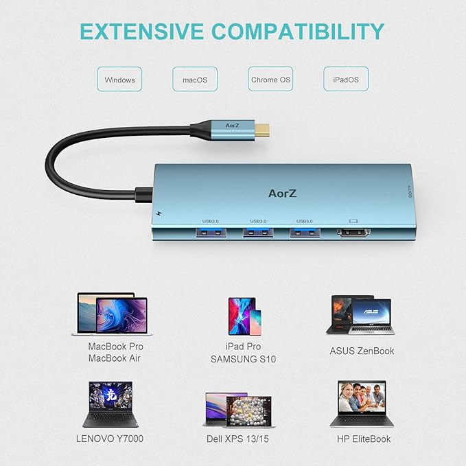 USB C Hub, USB Hub to HDMI Multiport AorZ USB c Dongle Adapter 7 in 1 with 4K HDMI Output, 3 USB 3.0 Ports,SD/Micro SD Card Reader, 100W PD,Compatible with Macbook,XPS and More Type Device(Light Blue)