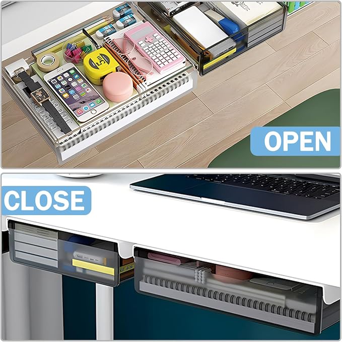 SVNNELP Large Under Desk Table Drawer Storage Organizer A4, Hidden Self-Adhesive Under Desk Pencil Tray Drawer for Office (Clear Black/L)