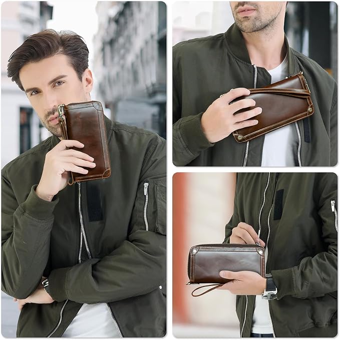 Top Grain Genuine Oiled Leather Clutch Wallet for Man & Woman, Handmade Vintage Design, Multi Pockets & Slots & Detachable Wristlets, RFID Large Capacity for Cards/Checks/Money/Passport, Red Coffee