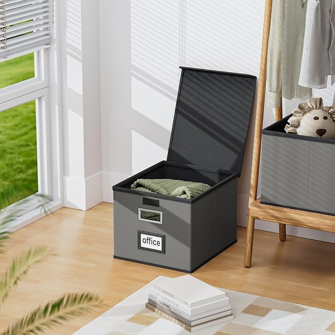Portable Leather File Organizer Boxes with Lids, Office Document Boxes Organizer, Filing Boxes, Decorative Small File Boxes for Hanging Files with Plastic Slide for Office/Decor/Home