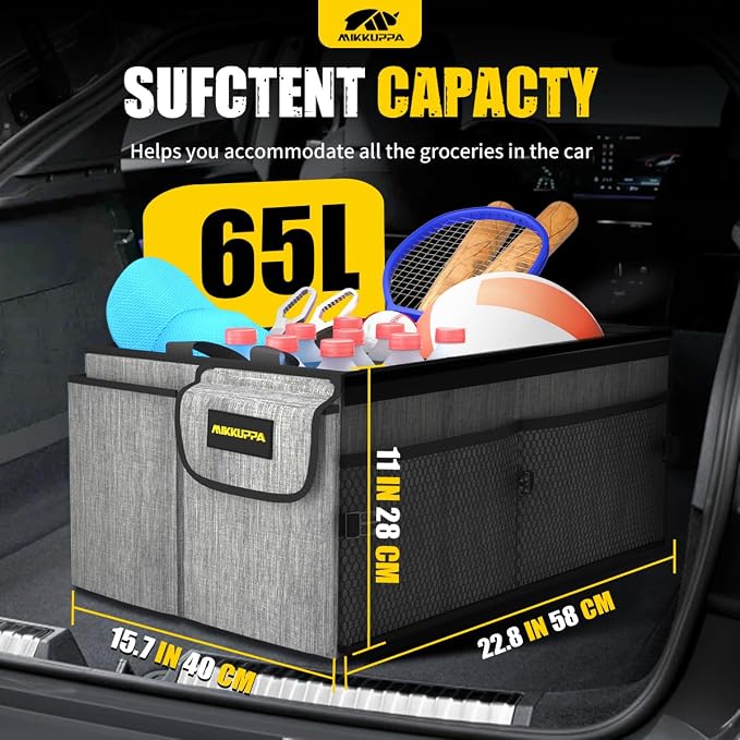 MIKKUPPA Car Trunk Organizer with Cooler - 65L Collapsible Trunk Organizer with Lid, Sturdy Car Storage for SUV Auto Truck Van with Adjustable Straps and Non Slip Bottom (Gray)