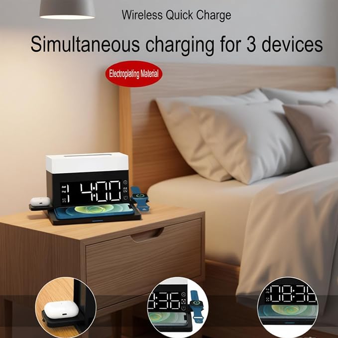 AYI Multifunctional Wireless Charging Station with Alarm Clock, 15W Fast Charger for Phones Watches Earbuds Qi-Certified, Stand with 7 RGB Night Light Modes - N65 White.