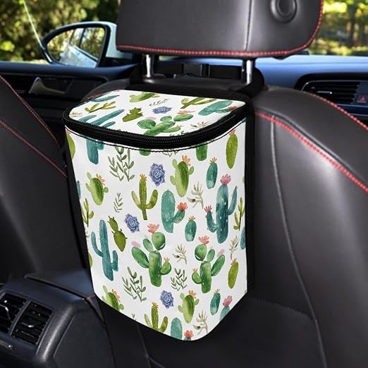 Biyejit Cactus Flowers Car Trash Can Automotive Garbage Bag Car Trash Can with Lid Collapsible Reusable Waterproof Car Garage Bag Car Accessories Interior Car Organizer