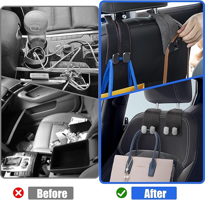SeatHooker Leather Car Headrest Hangers, Car Headrest Hooks for Purse and Bags, 2-in-1 Leather Car Seat Back Storage Hook, Anti-Slip Purse Holder for Car, Supports Up to 50 lbs (Black-2 Pack)