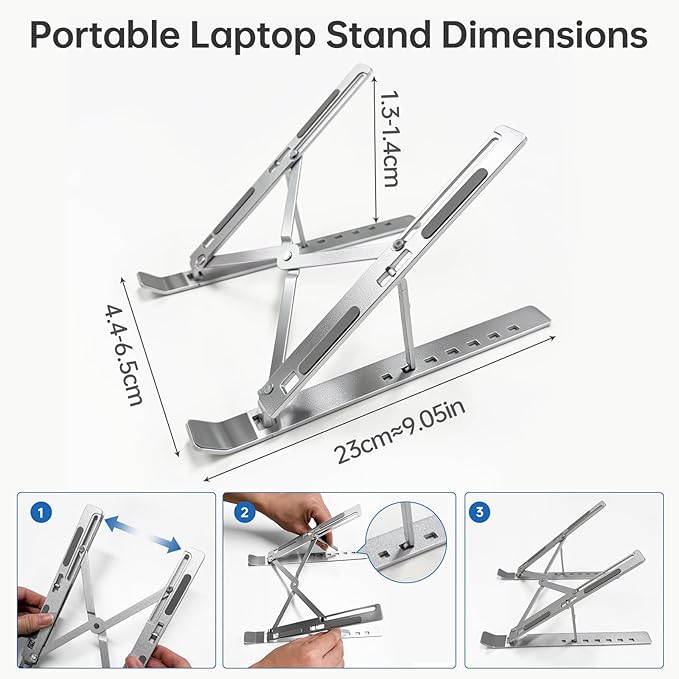 EJAY Laptop Stand for Desk, Aluminum Adjustable Laptop Riser & Ventilated Holder, Foldable Portable Computer Stand for 10-15.6 inch Laptops (Silver)