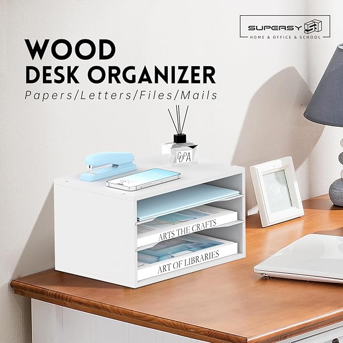 SUPEASY Wood Desk Organizer, 3 Tier Paper File Organizer for Desk, Wooden Desktop Organizer, Paper Letter Literature Mail Sorter, for Office School & Home Organization, White