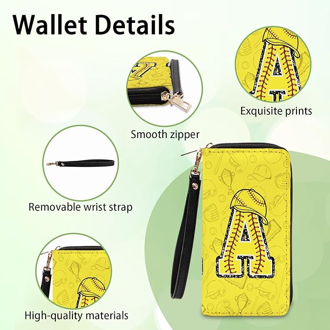 Softball Lovers Gift Womens Wallet - Small Slim PU Leather Letter A Wallet for Women with Zipper Purse, Credit Card Holder Wallets, Wristlet Wallets for Girls Women Player Coach (Letter A Gifts)