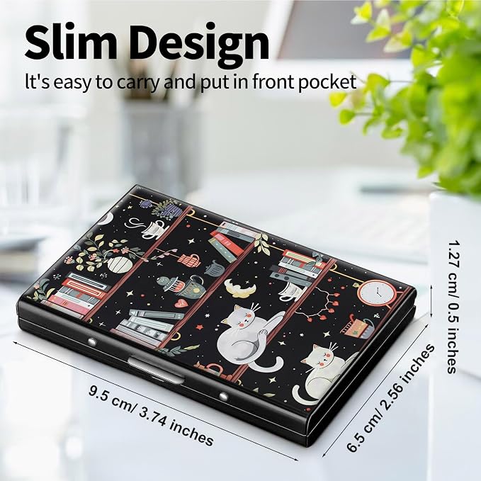 Metal Wallet, Credit Card Holder for Women Men Girls, RFID Blocking Aluminum Wallet Slim Hard Case, Mini Travel Wallet, ID Card Holder Business Card Case,Cat Library Bookshelf
