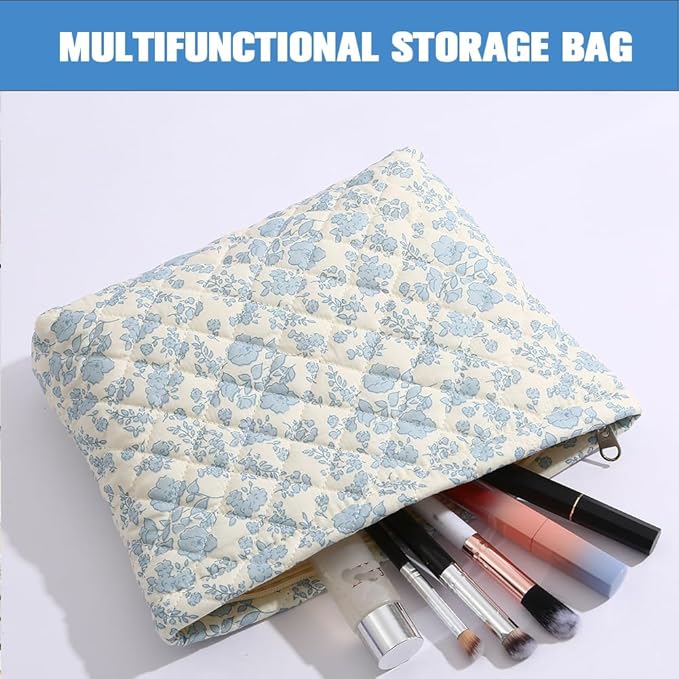 FITINI Makeup Bag Travel Large Portable Quilted Floral Print Cosmetic Organizer Cute Pouch for Women Soft Cotton Zipper Waterproof Toiletry Storage Bags