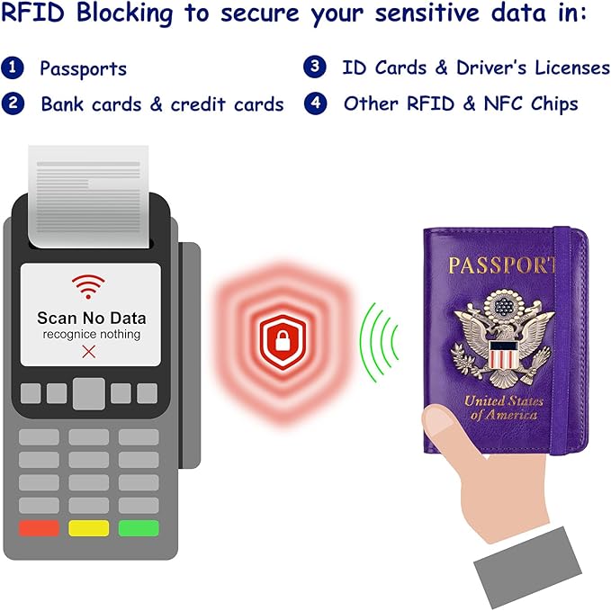 TOURSUIT RFID Blocking Passport Holder for Women Men, Leather Passport Travel Wallet with 3D Metal Badge, Travel Document Holder Cover Accessories (Purple)