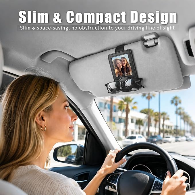 Car Visor Sunglasses Holder with Photo Frame, Magnetic Leather Clip
