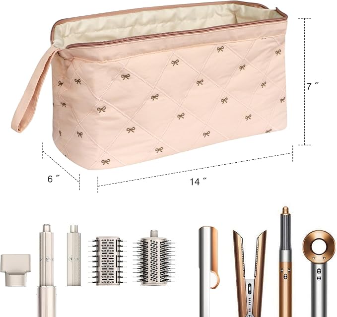 Stratalife Quilted Hair Tools Travel Bag with Polishing Cloth Compatible with Dyson Airwrap Shark Flex Style, Portable Toiletry Bag Hair Dryer Curling Iron Carrying Case Travel Essentials Pink Bow