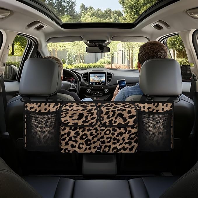 Brown Leopard Print Trunk Organizers for Men Hanging Storage Bins, Foldable Backseat Organizer for SUVs & Sedans, Sturdy Car Organization Accessories