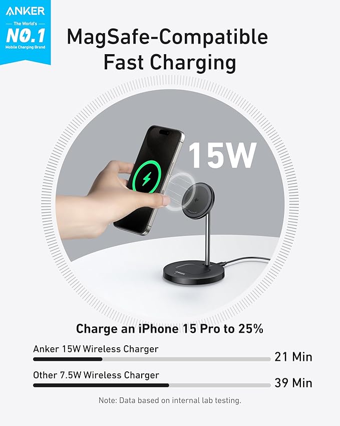 Anker MagSafe Compatible MagGo Charger Stand, iPhone 17 Wireless Charger, 2-in-1 Charging Station, Qi2 Certified 15W Fast Charging, for iPhone 17/16/15/14/13/12, AirPods Pro (40W Adapter Included)