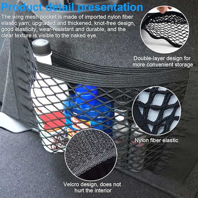Car Cargo Mesh Net, Elastic Stretch Vehicle Seat Back Trunk Organizer Pouch Net, Extendable Adhesive 12" x 10" Automotive Storage Mesh Bag, Universal for RV SUV Truck