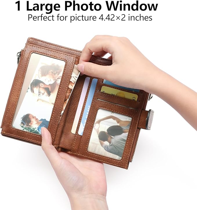 GOIACII Womens Wallets RFID Blocking Leather Trifold Clutch Wallet Credit Card Holder Ladies Purse 3 ID Windows Brown