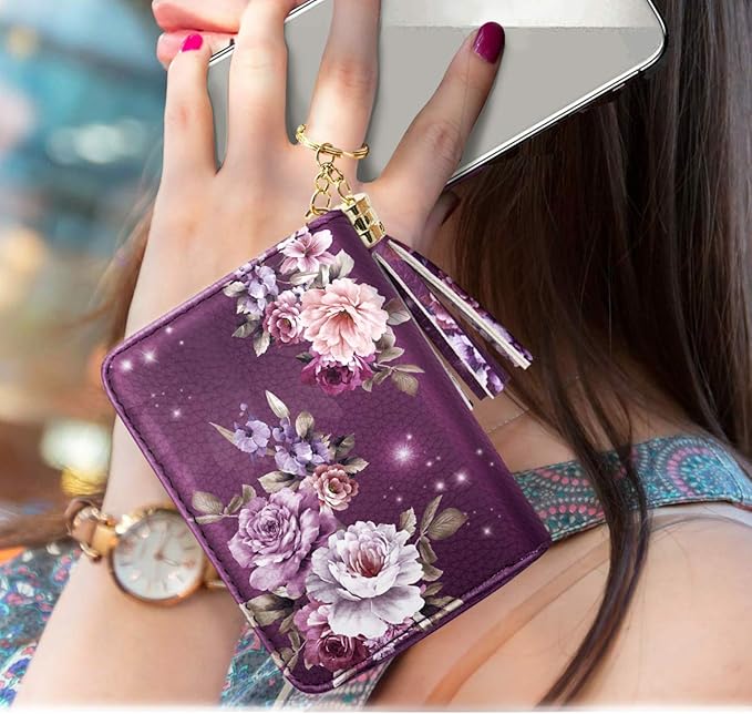 Coco Rossi Women's Small Credit Card Wallet RFID Cute Flower Card Holder for Women, Purple Flower